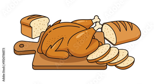 Roasted Chicken and Bread on Cutting Board Illustration