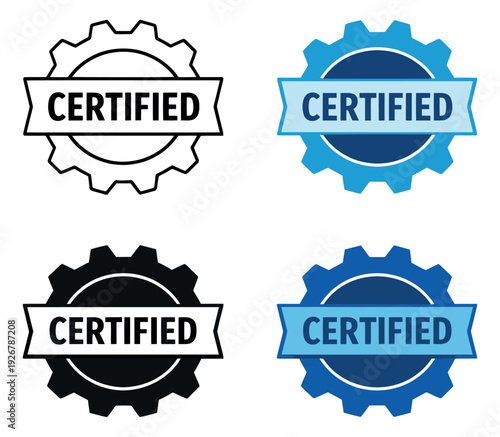 Modern style certified badge set featuring line art and solid fill variations with gear icons for quality assurance