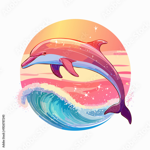 Radiant Dolphin Joyfully Leaping from Ocean Waves Amidst a Magical Sunset Glow