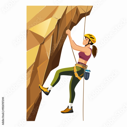 Woman climbing a rock face with safety harness and rope for extreme sports