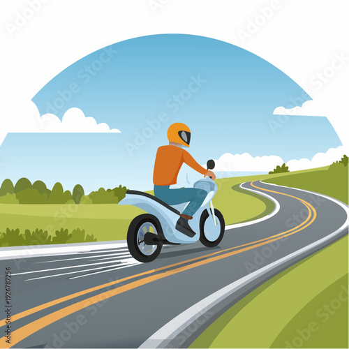 A person riding a modern scooter on a scenic journey along a winding country road