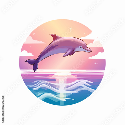 Joyful dolphin leaping out of the ocean during a beautiful sunset with reflection