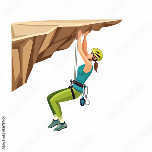 Determined female climber conquering a challenging rock overhang, embodying strength and adventure