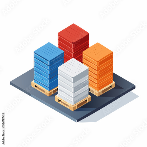Isometric stacks of colorful paper or materials on pallets, logistics concept