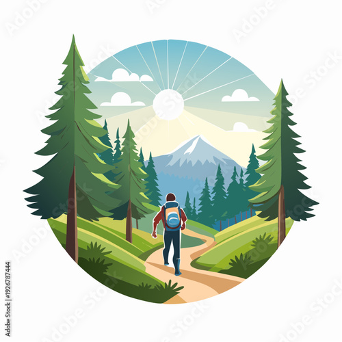 Adventurous hiker exploring winding mountain path through a vibrant forest under a radiant sun