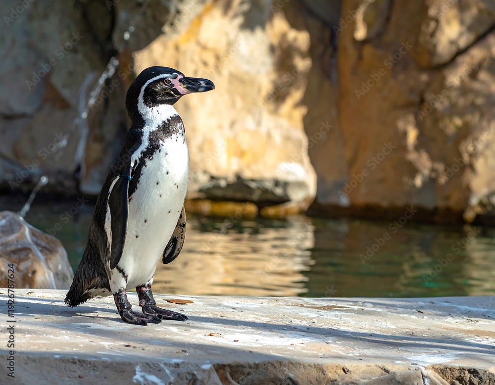 Fototapeta premium Humboldt Penguin Standing Tall by Calm Water, a Captivating Wildlife Portrait