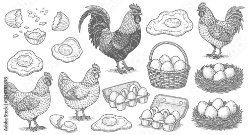 Farm Animals and Eggs Hand Drawn Engraving Collection