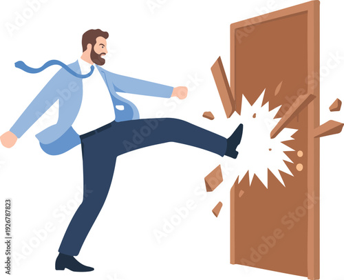Corporate Breakthrough Concept  Business Leader Smashing Obstacle Door