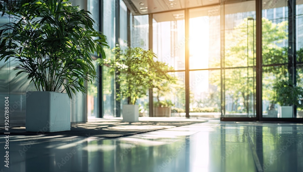 Fototapeta premium Modern Office Lobby with Lush Green Plants and Sunlight Streaming Through Large Windows.