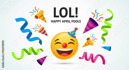 Smiling face laughing emoji with party hats and colorful confetti celebrating april fools' day