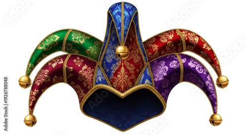 Multicolored jester's hat with gold accents and ornate patterns on a white background