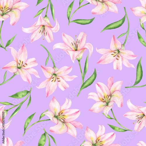 Seamless pattern of pink lilies light purple