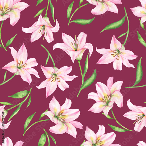 Seamless pattern of pink lilies purple