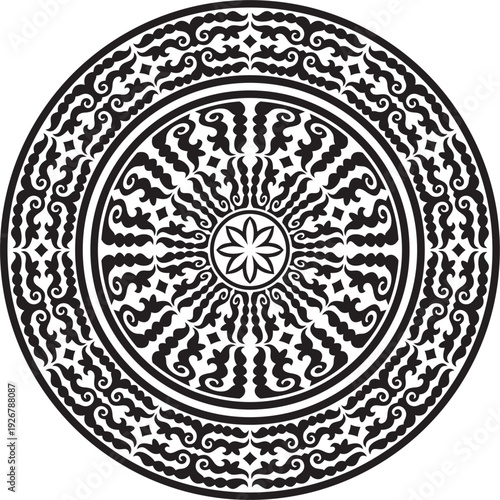 Kazakh national round black monochrome ornament frame. Ethnic pattern. The circle ring reflects nomadic culture. Suitable for design and textiles.