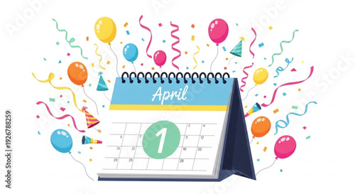 Colorful calendar page showing april 1st surrounded by festive balloons and confetti on white background