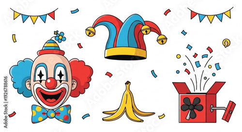 Colorful clown face jester hat and party elements with confetti and banana