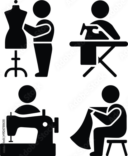 Four icons depicting various sewing and tailoring activities in black and white