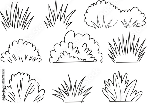 Grass and bushes set of hand drawn vector sketches for landscape design elements