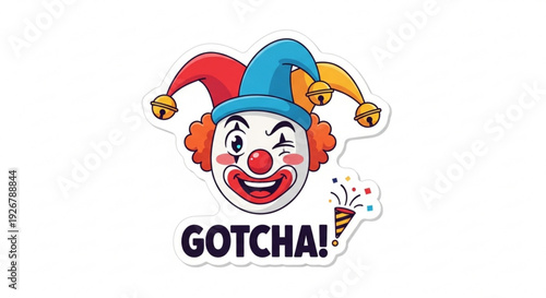 Colorful clown face with jester hat and gotcha text