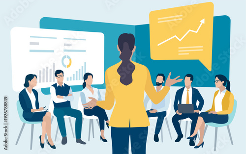 Growth. Profit. Leadership and teaching concept. Business meeting. Vector illustration. 