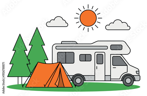 Line art illustration of a camping scene depicting a recreational vehicle and tent for outdoor adventures