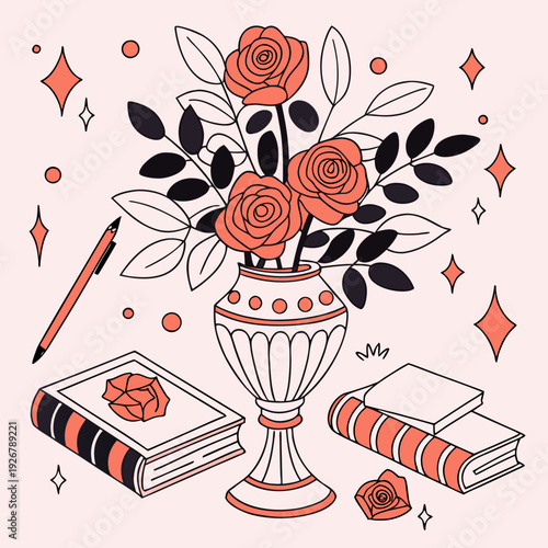 red roses in vase with books and pen, literary elegance