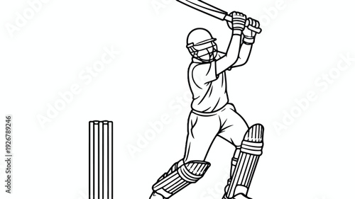 Cricket player swinging bat with wicket on the side