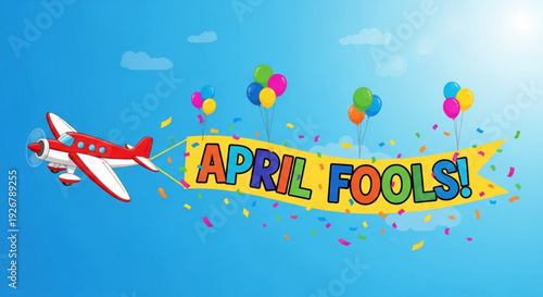 Colorful airplane flying with balloons and 'april fools' banner in a bright blue sky with confetti