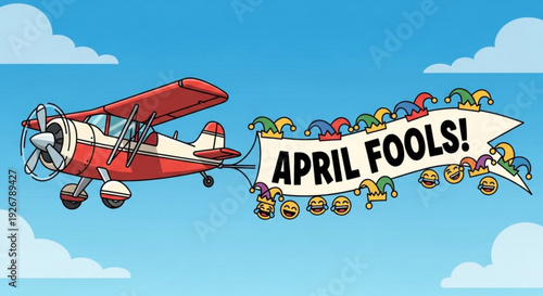 Red airplane flying with april fools banner and colorful confetti in blue sky with clouds