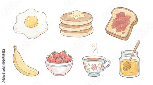Playful doodle breakfast foods illustrations set.