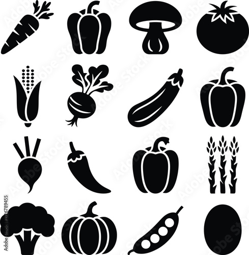 Black and white icons of various fresh vegetables displayed in a grid layout