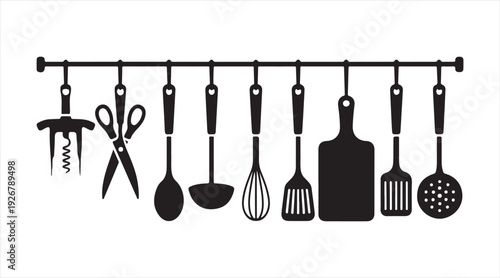 Kitchen utensil rack icon collection with hanging cooking tools silhouette
