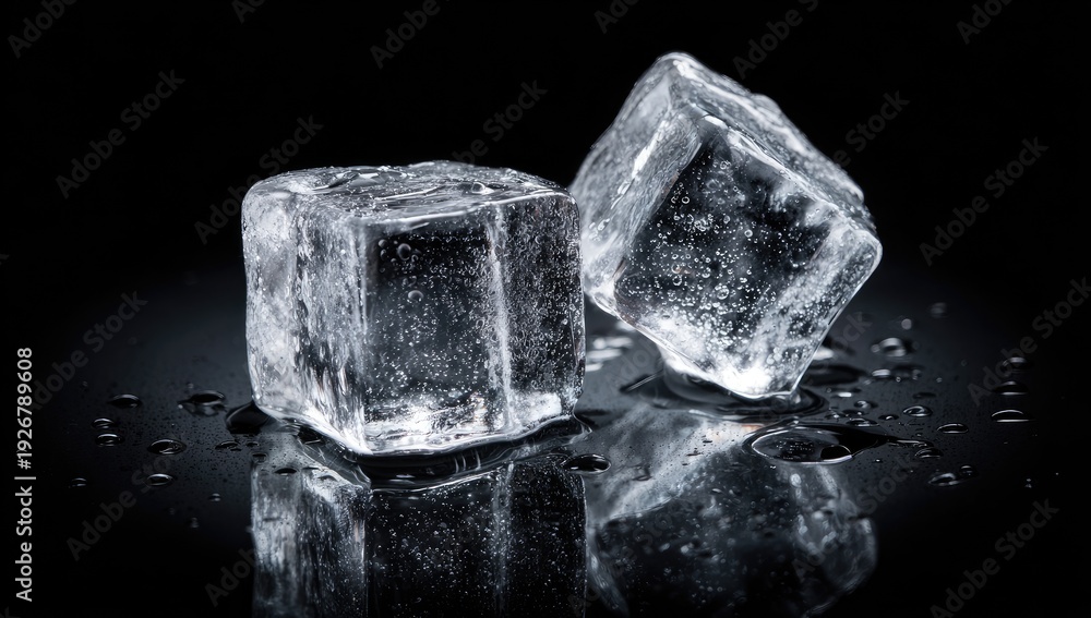 Obraz premium Two Clear Ice Cubes Reflecting on a Wet Surface.