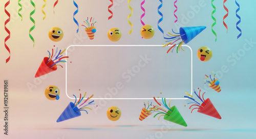 Celebratory Emoji Party: Festive emojis and colorful confetti cannons create a joyful, inviting scene around a blank rectangular frame, perfect for announcements and celebrations.