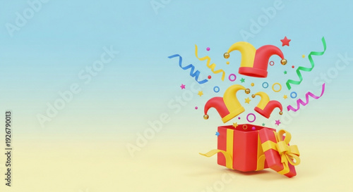Surprise Gift Box: A vibrant illustration showcasing a surprise gift box exploding with colorful confetti and jester hats, perfect for festive occasions.
