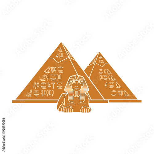 Ancient Egyptian pyramids and sphinx vector illustration in orange and white.