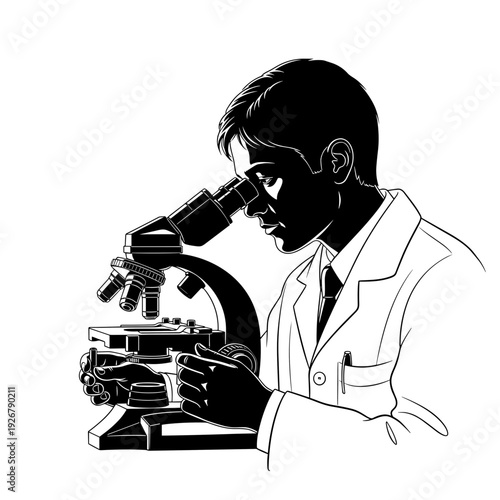 Scientist examining a sample through a microscope in a laboratory setting.