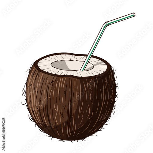 Fresh coconut drink with a straw, perfect for a tropical vacation and refreshment.