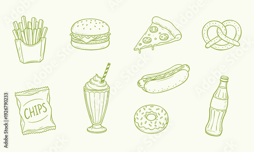 Fast food icons set ink sketch vector illustration. Featuring popular snacks and beverages for menus and casual dining