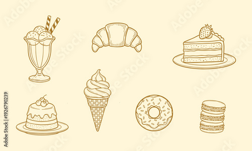 Dessert set cakes and berries doodle line art vector illustration. Vintage illustrations of cakes, coffee, desserts and sweets for cafe branding