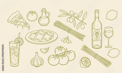 Italian food and drink set doodle line art vector illustration. Pizza and Italian pasta with shrimps set of cheeses and wine vintage design