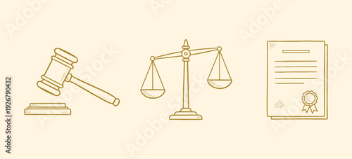 Law justice icons hand drawn sketch vector illustration. Hand drawn line art illustration of a justice scale, gavel, and books depicting the legal system