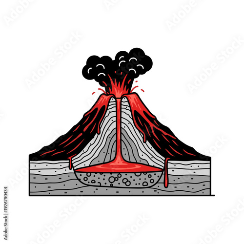 Illustration of a volcanic eruption with lava flow and smoke rising.