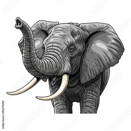 Detailed illustration of an African elephant with its trunk raised high, isolated.
