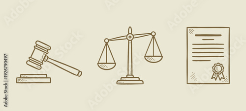 Law justice icons hand drawn sketch vector illustration. Hand drawn line art illustration of a justice scale, gavel, and books depicting the legal system
