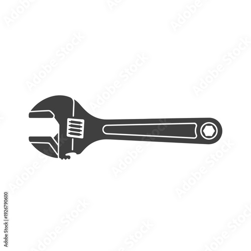 Black and white illustration of an adjustable wrench, a tool for mechanics.