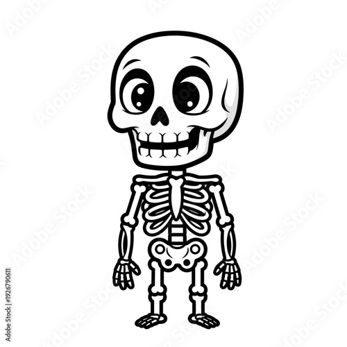 Cartoon illustration of a smiling skeleton character in black and white.