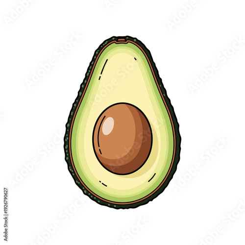 Freshly cut avocado half with a seed, isolated on white background.
