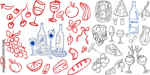Hand Drawn Wine Tasting Food Illustration Collection for Menu and Branding Design
