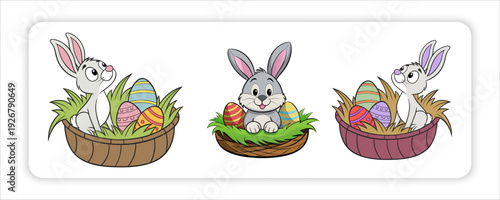 Easter bunny rabbit breaking out of a chocolate Easter egg in an outdoor scene footer frame border design element 